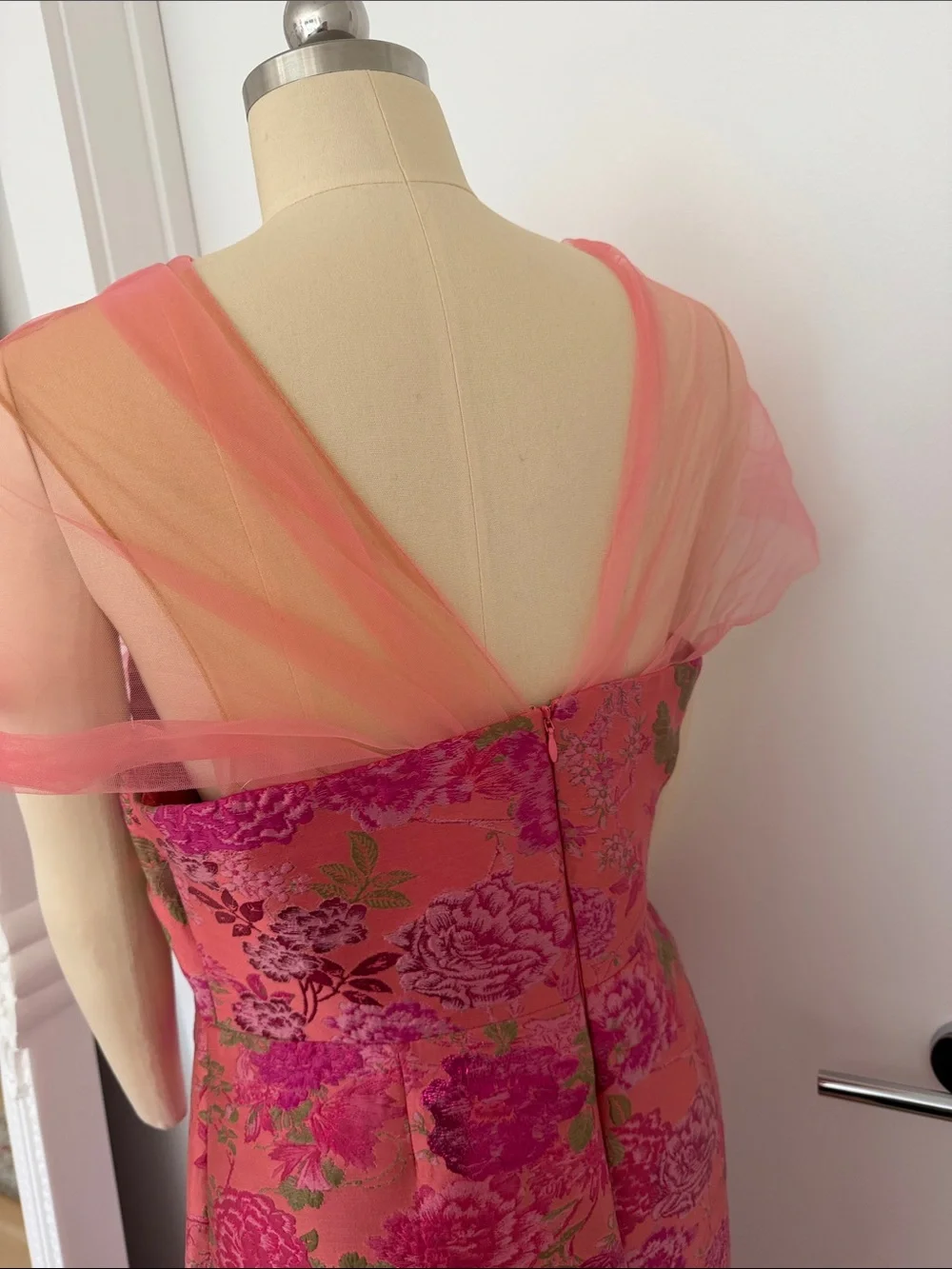 Theia Pink and Green Floral Brocade Maxi Gown with Sheer Capelet - Picture 3 of 8